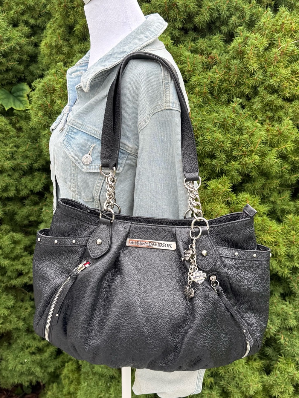 Harley-Davidson Black Leather Shoulder Hobo with Charm Accents